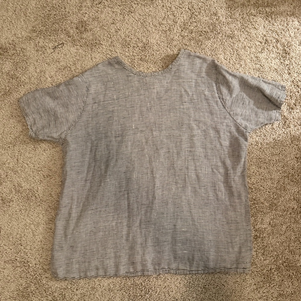 FLAX by Angelheart M Blue Taupe White Striped 100% Linen Short Sleeve T-Shirt - Picture 4 of 10